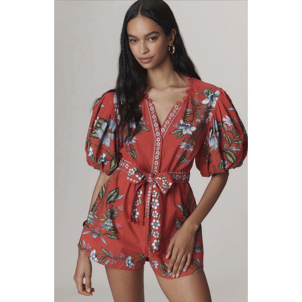Anthropologie Farm Rio Romper Red Sweet Bloom Bouquet Puff Sleeve Vacay Sz M NWT